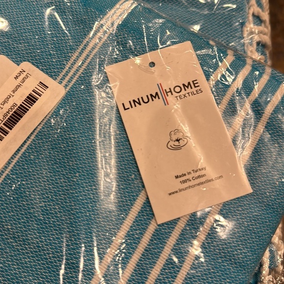 Linum Home 100% Turkish Cotton Lucky Pestemal Beach Towel Turquoise Fringe NWT - Picture 3 of 4
